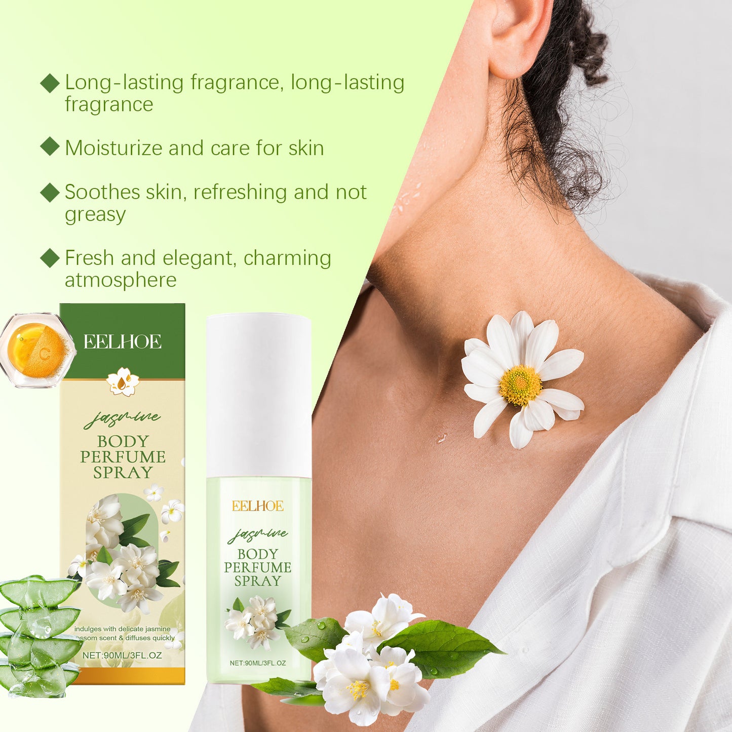 EELHOE Jasmine Body Fragrance Spray - Fresh, Elegant, Moisturizing Lightweight Scent for On-the-Go